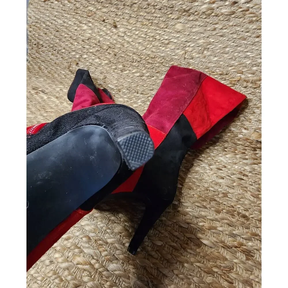 Rialto Carpio Tall Over Knee Suede Boots Red Black Colorblock Heeled Size 9.5 M